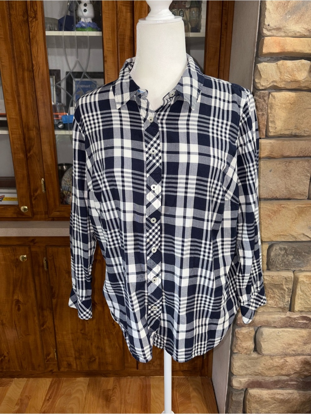 Talbots Navy and White Plaid Button-Down Shirt